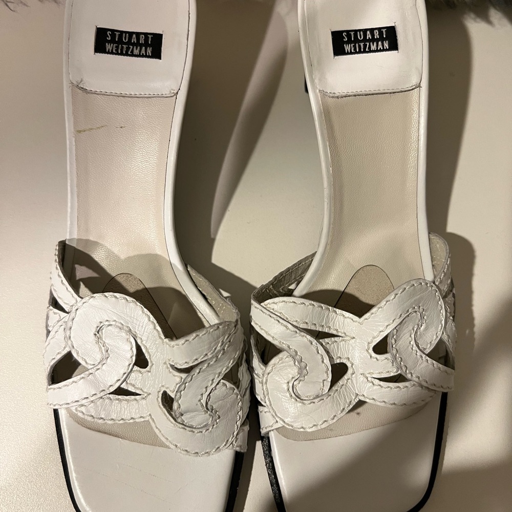 Stuart Wietzman White Leather with Black Heeled Slip On  Sandals Size 8.5